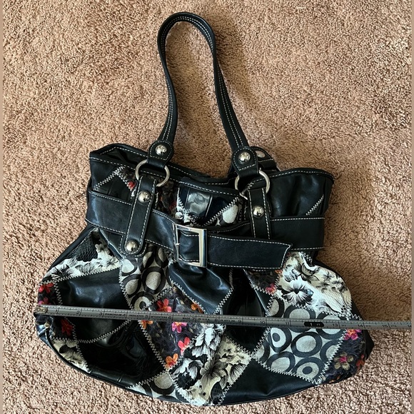 Black & Patchwork Bucket Style Handbag Metal Studs and Double Handles - Picture 6 of 6